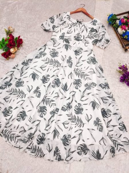 Vibrant White Elegant Fox Georgette Flared Gown for Festive and Party Wear Western Ladies Top Wholesale