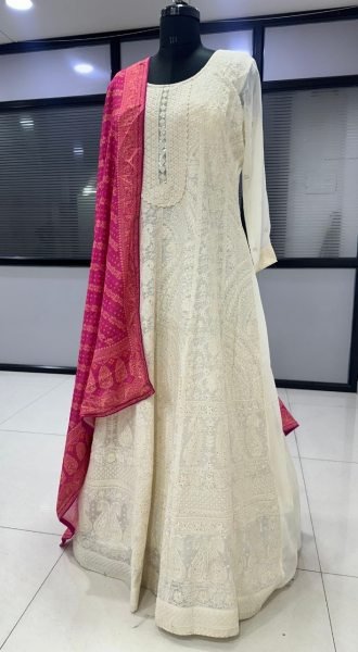 Vibrant White Faux Georgette Kurti with Dupatta and Embroidery Work Anarakali Gown Wholesale
