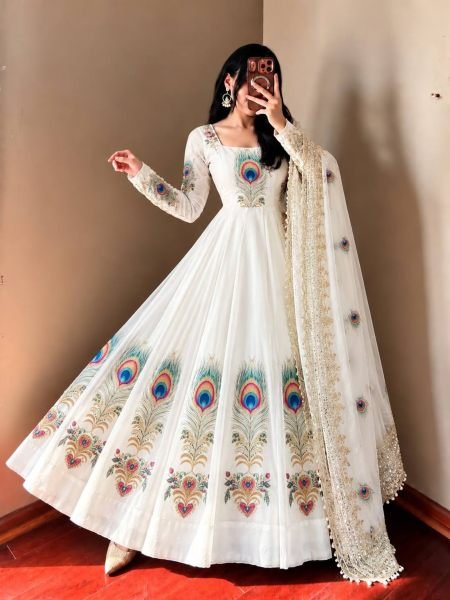 Vibrant White Fully Stitched Fendy Silk Printed Gown with Micro Cotton Pant For Festival Ready To Wear Suit