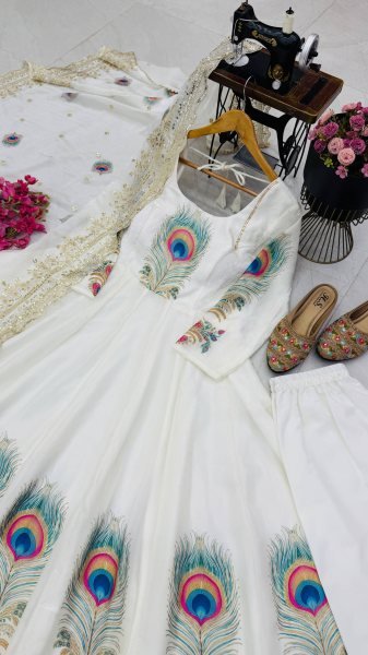 Vibrant White Fully Stitched Fendy Silk Printed Gown with Micro Cotton Pant For Festival Ready To Wear Collection