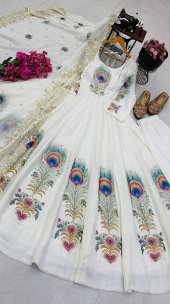 Vibrant White Fully Stitched Fendy Silk Printed Gown with Micro Cotton Pant For Festival Ready To Wear Collection