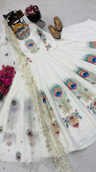 Vibrant White Fully Stitched Fendy Silk Printed Gown with Micro Cotton Pant For Festival Ready To Wear Collection
