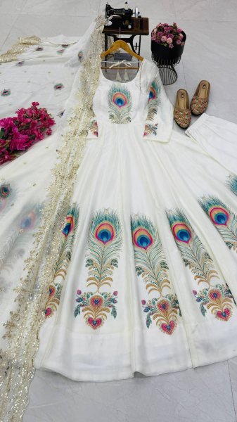 Vibrant White Fully Stitched Fendy Silk Printed Gown with Micro Cotton Pant For Festival Ready To Wear Collection
