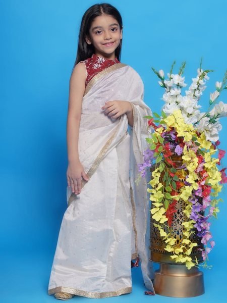 Vibrant White Premium Kids Ready to Wear Saree with Dola Silk Blouse Girls Wear