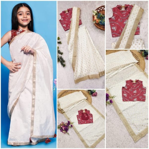 Vibrant White Premium Kids Ready to Wear Saree with Dola Silk Blouse Girls Wear