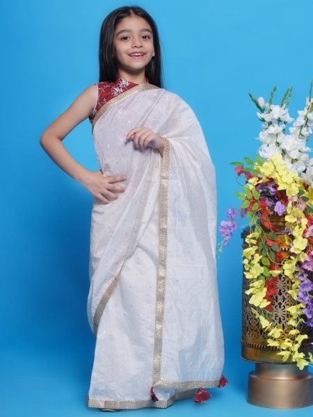 Vibrant White Premium Kids Ready to Wear Saree with Dola Silk Blouse Girls Wear