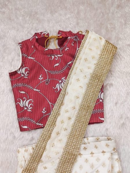 Vibrant White Premium Kids Ready to Wear Saree with Dola Silk Blouse Girls Wear
