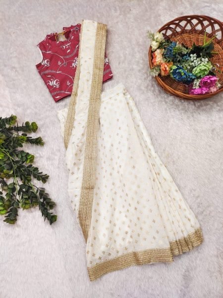Vibrant White Premium Kids Ready to Wear Saree with Dola Silk Blouse Girls Wear