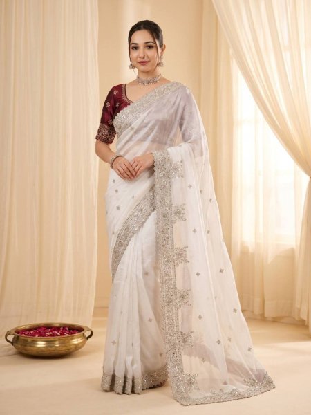 Vibrant White Women s Fandy Satin Saree with Heavy Sequins Work and Cutwork Border Sarees 