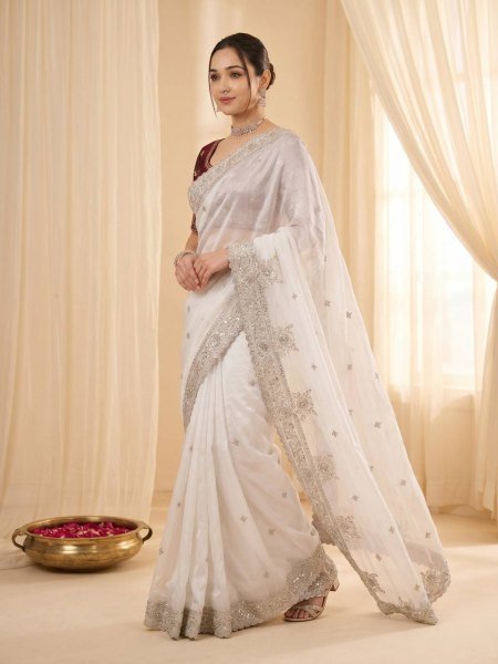 Vibrant White Women s Fandy Satin Saree with Heavy Sequins Work and Cutwork Border Embroidery Sarees Wholesale