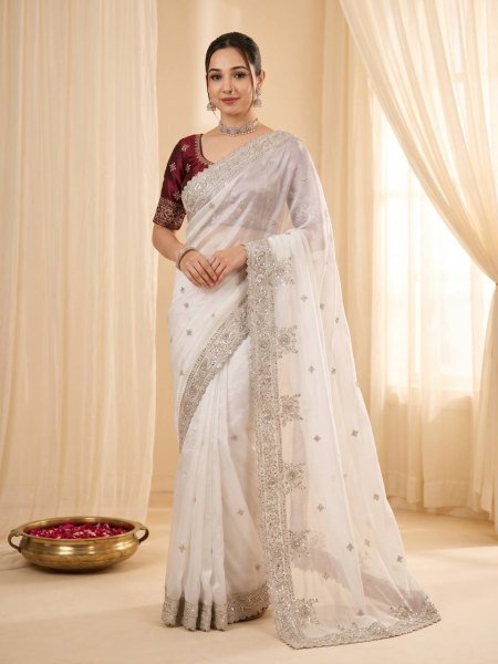 Vibrant White Women s Fandy Satin Saree with Heavy Sequins Work and Cutwork Border Embroidery Sarees Wholesale