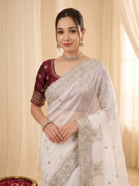 Vibrant White Women s Fandy Satin Saree with Heavy Sequins Work and Cutwork Border Embroidery Sarees Wholesale