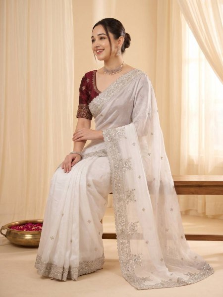 Vibrant White Women s Fandy Satin Saree with Heavy Sequins Work and Cutwork Border Embroidery Sarees Wholesale