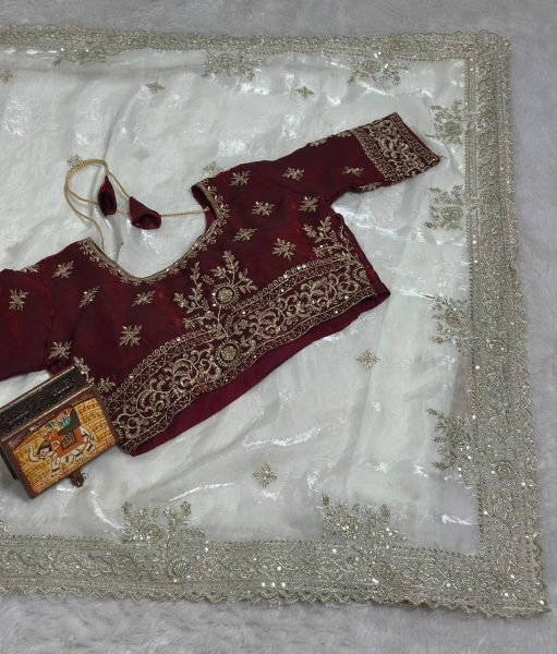Vibrant White Women s Fandy Satin Saree with Heavy Sequins Work and Cutwork Border Embroidery Sarees Wholesale