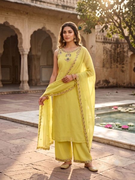 Vibrant Yellow Chanderi Embroidery 3 Piece Kurti Set For Wholesaler Buyers Kurtis