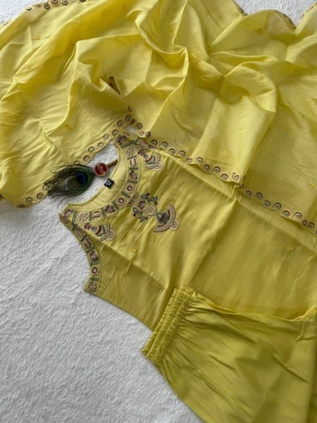 Vibrant Yellow Chanderi Embroidery 3 Piece Kurti Set For Wholesaler Buyers Embroidery Kurtis 