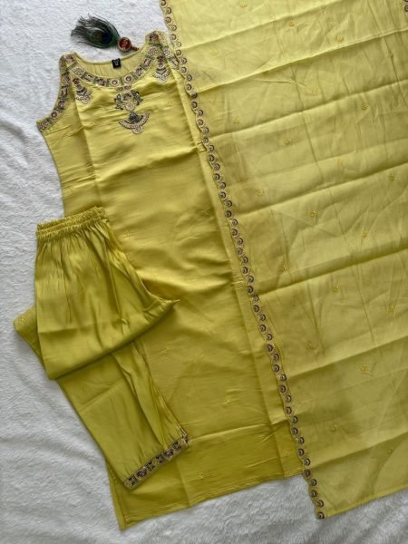 Vibrant Yellow Chanderi Embroidery 3 Piece Kurti Set For Wholesaler Buyers Embroidery Kurtis 