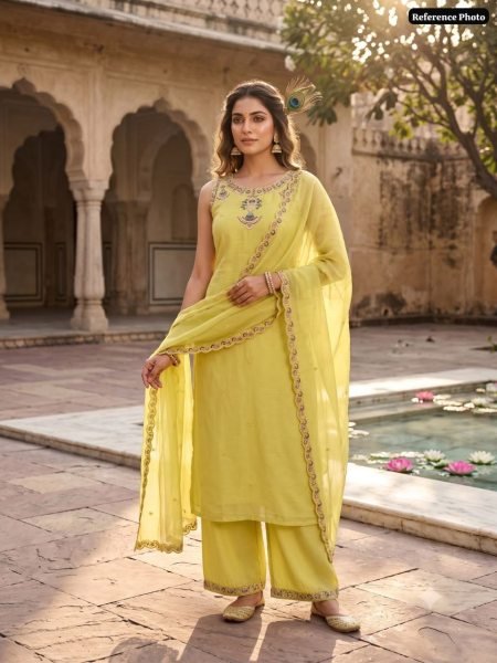 Vibrant Yellow Chanderi Embroidery 3 Piece Kurti Set For Wholesaler Buyers Embroidery Kurtis 