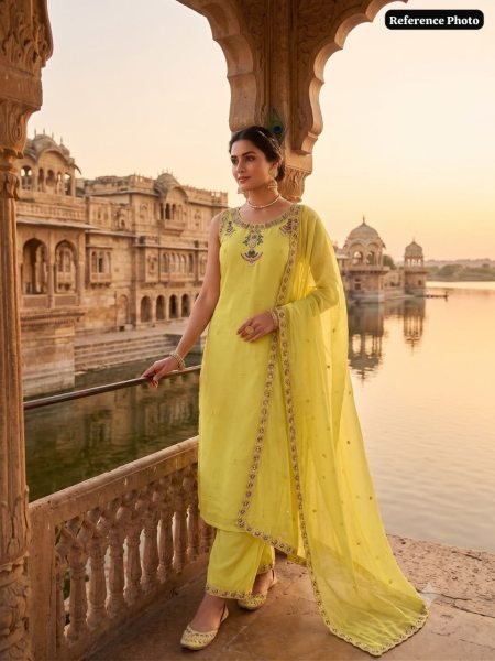 Vibrant Yellow Chanderi Embroidery 3 Piece Kurti Set For Wholesaler Buyers Embroidery Kurtis 