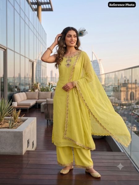 Vibrant Yellow Chanderi Embroidery 3 Piece Kurti Set For Wholesaler Buyers Embroidery Kurtis 