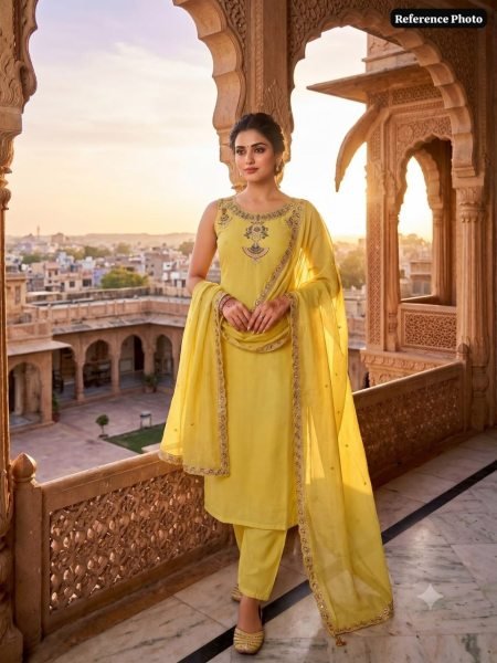 Vibrant Yellow Chanderi Embroidery 3 Piece Kurti Set For Wholesaler Buyers Embroidery Kurtis 