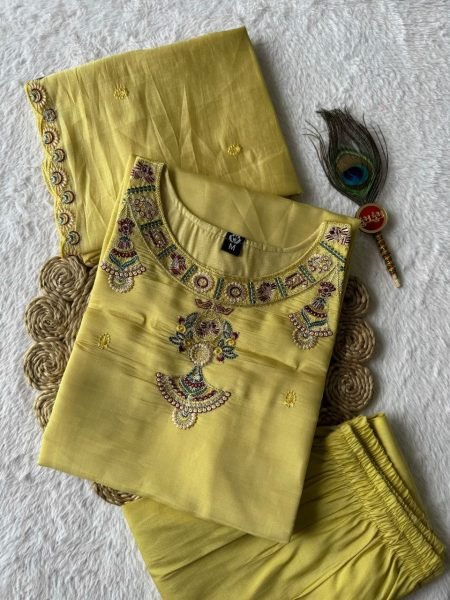 Vibrant Yellow Chanderi Embroidery 3 Piece Kurti Set For Wholesaler Buyers Embroidery Kurtis 