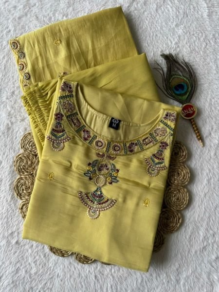 Vibrant Yellow Chanderi Embroidery 3 Piece Kurti Set For Wholesaler Buyers Embroidery Kurtis 