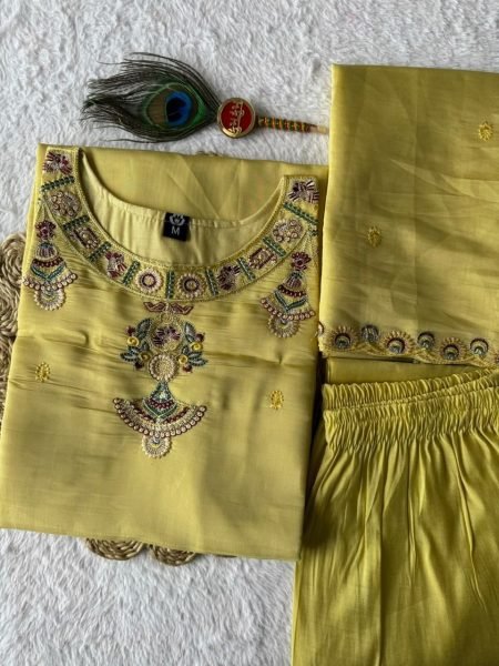 Vibrant Yellow Chanderi Embroidery 3 Piece Kurti Set For Wholesaler Buyers Embroidery Kurtis 