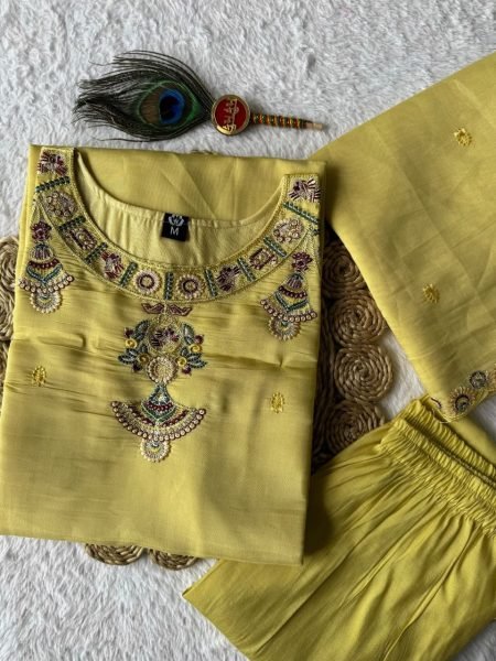 Vibrant Yellow Chanderi Embroidery 3 Piece Kurti Set For Wholesaler Buyers Embroidery Kurtis 