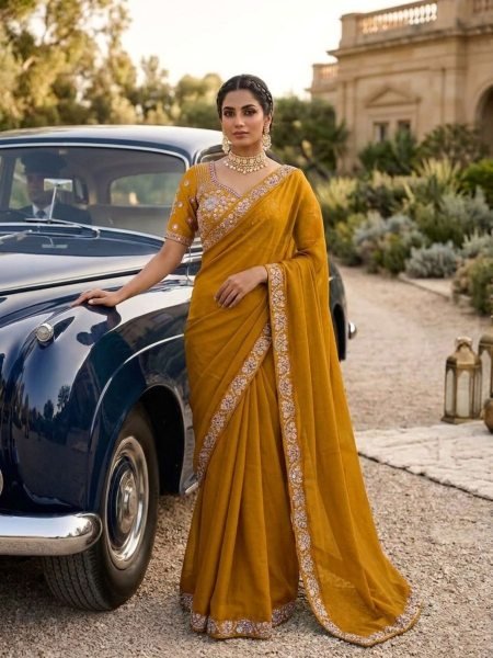 Vibrant Yellow Elegant Embroidered Saree with Heavy Designer Blouse for Wedding 