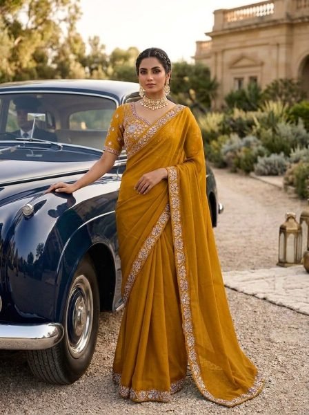 Vibrant Yellow Elegant Embroidered Saree with Heavy Designer Blouse for Wedding Silk Sarees Wholesale