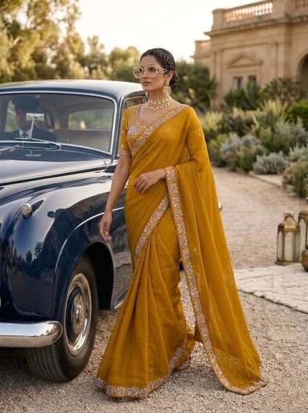 Vibrant Yellow Elegant Embroidered Saree with Heavy Designer Blouse for Wedding Silk Sarees Wholesale