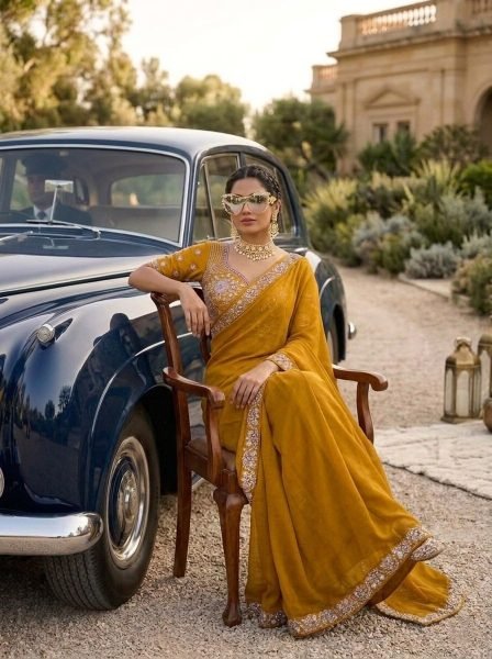 Vibrant Yellow Elegant Embroidered Saree with Heavy Designer Blouse for Wedding Silk Sarees Wholesale