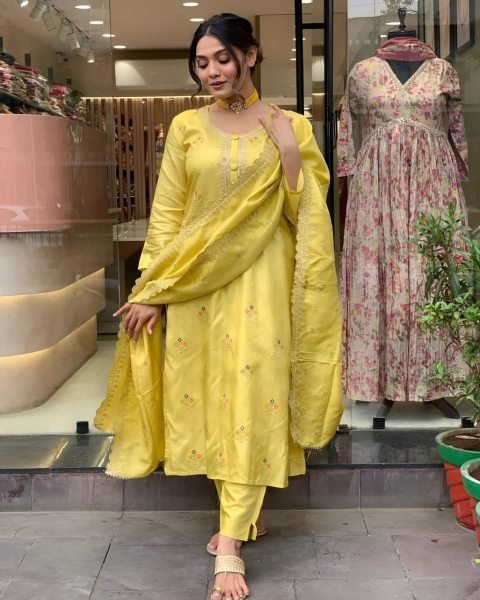Vibrant Yellow Kurti Set with Embroidery and Tebby Organza Dupatta 3 Piece Kurti Set