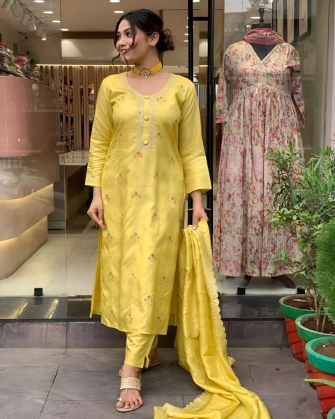 Vibrant Yellow Kurti Set with Embroidery and Tebby Organza Dupatta 3 Piece Kurti Set
