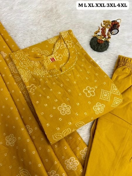 Vibrant Yellow Pure Cotton Bandhani Suit Set with Elegant Neckline Work for Women Cotton Kurtis Wholesale
