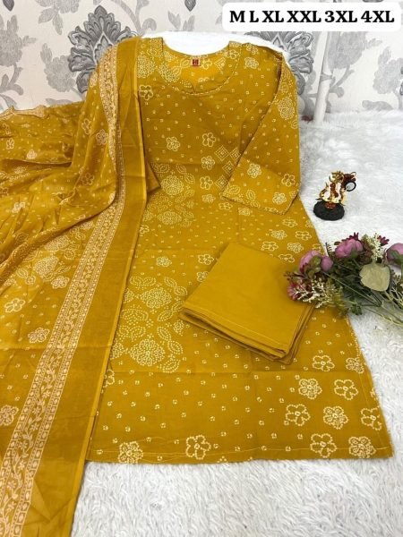 Vibrant Yellow Pure Cotton Bandhani Suit Set with Elegant Neckline Work for Women Cotton Kurtis Wholesale