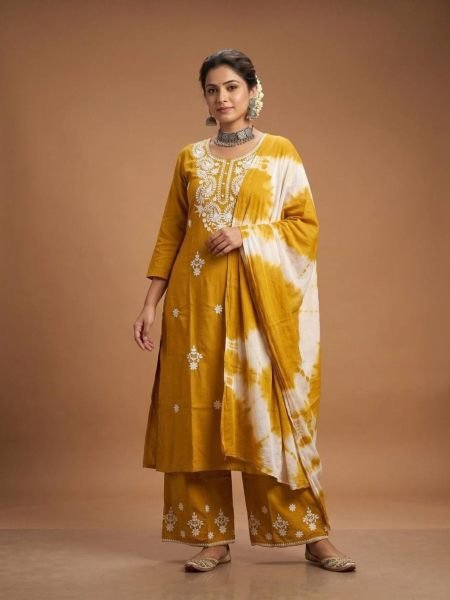 Vibrant Yellow Rayon Cotton Embroidered Kurti Pant Set with Shibori Dupatta 