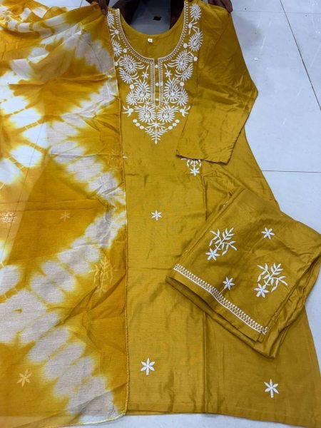 Vibrant Yellow Rayon Cotton Embroidered Kurti Pant Set with Shibori Dupatta Embroidery Kurtis 