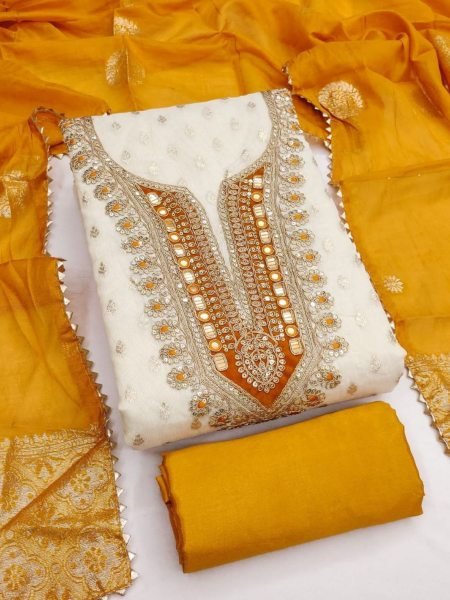 Vibrant Yellow Ready to Stitch Shimmer Silk Suit with Fancy Chanderi Silk Jacquard Dupatta 
