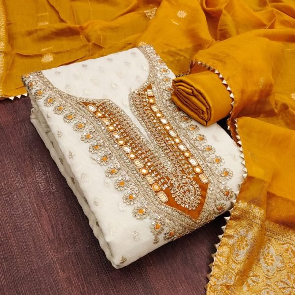 Vibrant Yellow Ready to Stitch Shimmer Silk Suit with Fancy Chanderi Silk Jacquard Dupatta Color Set Matching Dress Material Wholesale