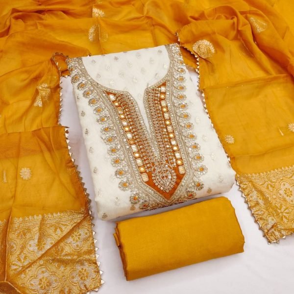 Vibrant Yellow Ready to Stitch Shimmer Silk Suit with Fancy Chanderi Silk Jacquard Dupatta Color Set Matching Dress Material Wholesale