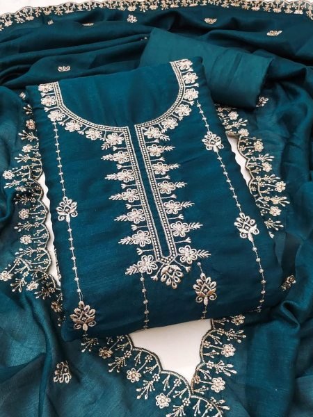 Vichitra Silk Dress Material with Embroidery and Dupatta Elegant Festive Wear Dress Material 