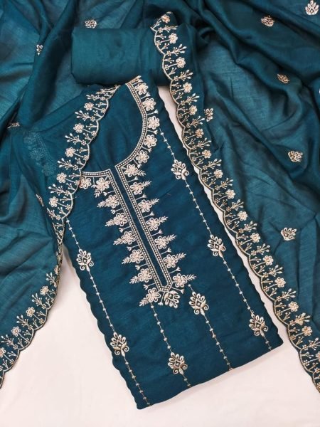 Vichitra Silk Dress Material with Embroidery and Dupatta Elegant Festive Wear Color Set Matching Dress Material Wholesale