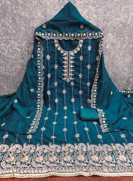 Vichitra Silk Dress Material with Embroidery and Dupatta Elegant Festive Wear Color Set Matching Dress Material Wholesale