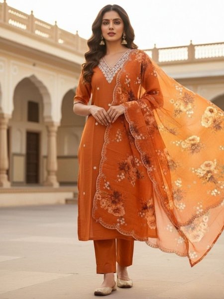 Vichitra Silk Embroidered Ready-to-Wear 3-Piece Suit Set Perfect for Daily Wear Kurtis