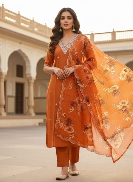  Vichitra Silk Embroidered Ready-to-Wear 3-Piece Suit Set Perfect for Daily Wear Embroidery Kurtis 