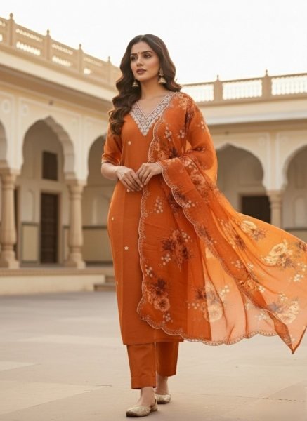  Vichitra Silk Embroidered Ready-to-Wear 3-Piece Suit Set Perfect for Daily Wear Embroidery Kurtis 