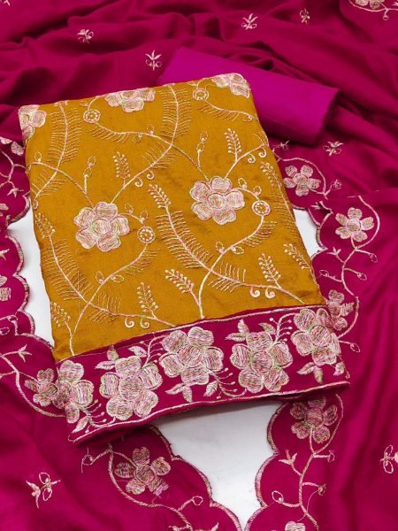 Vichitra Silk Embroidered Suit Material with Dupatta Set for Women Dress Material 