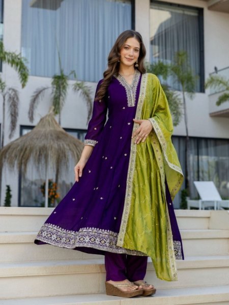 Vichitra Silk Purple Designer Anarkali Kurti Set Collection For Special Occasions  Kurtis